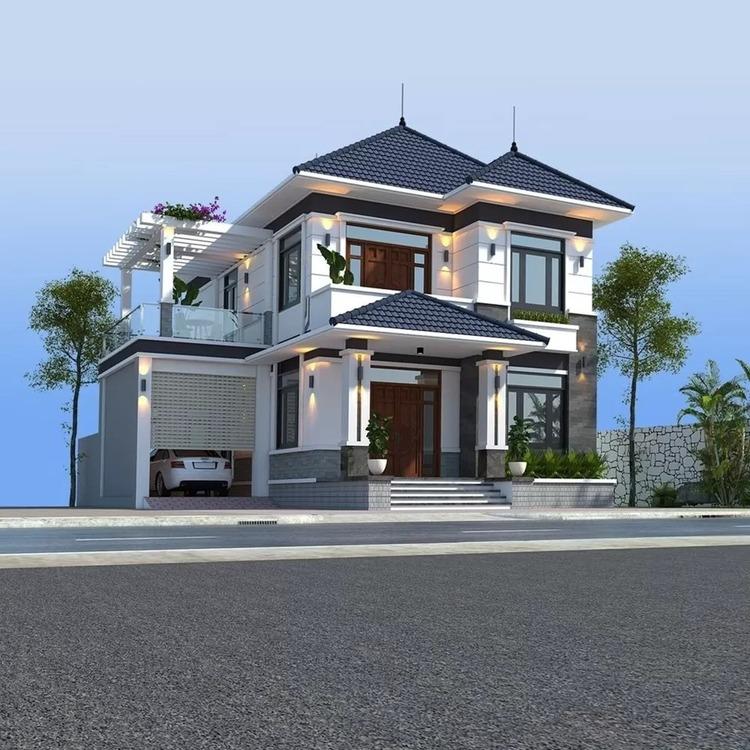 Mẫu 8x12m nhà mái Nhật 2 tầng có gara ô tô