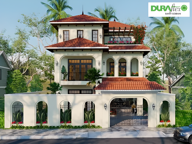 Mẫu biệt thự nhà vườn 3 tầng phong cách Địa Trung Hải đẹp với những gam màu sắc tươi sáng làm chủ đạo