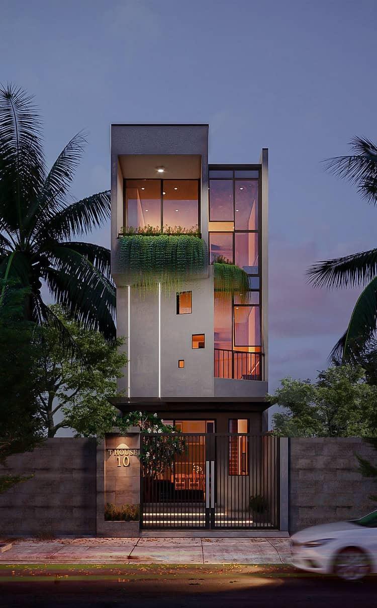 Mẫu nhà ống đẹp 3 tầng 4m hiện đại có thể kết hợp ban công rộng để trồng cây xanh và thư giãn