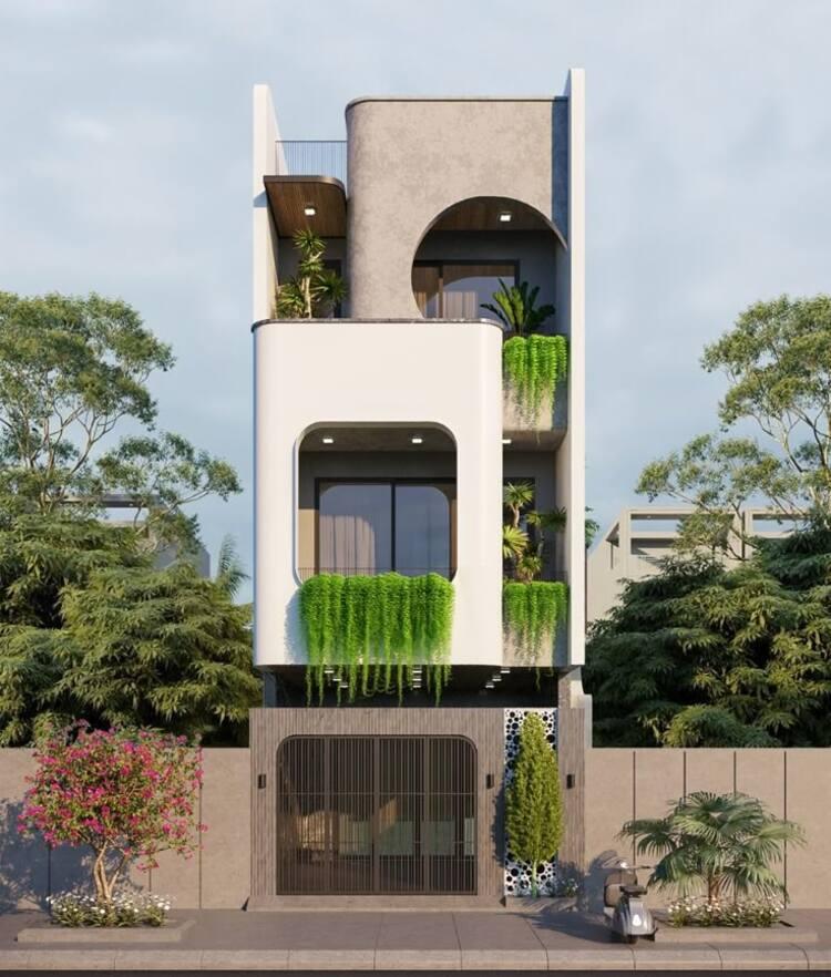 Mẫu nhà ống đẹp 3 tầng 4m thiết kế phá cách, kết hợp các mảng tường ốp gỗ, kính hoặc xi măng giả đá 