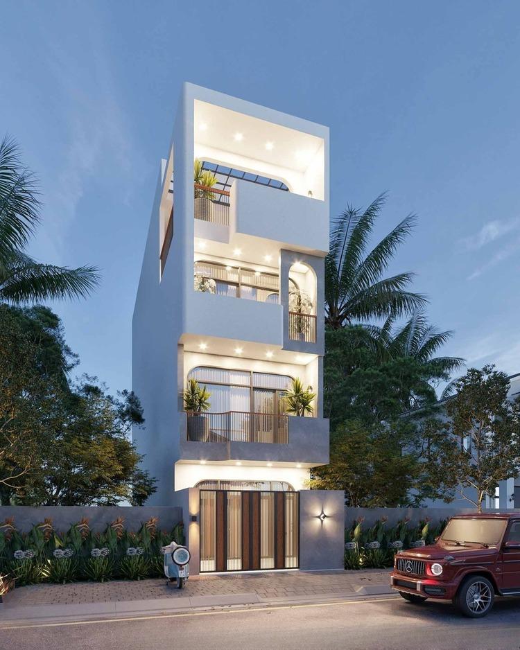 Mẫu nhà ống đẹp 3 tầng 4m có sân thượng được tận dụng để trồng cây xanh