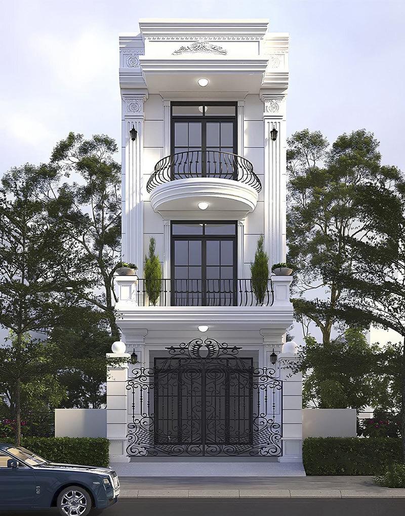 Mẫu nhà 3 tầng mặt tiền 5m tân cổ điển sang trọng, bề thế