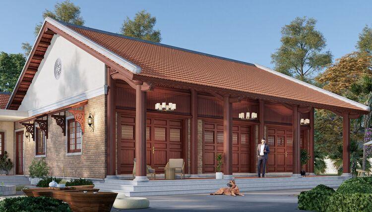 Mẫu nhà gỗ 3 gian có cột đồng trụ trang nghiêm, truyền thống