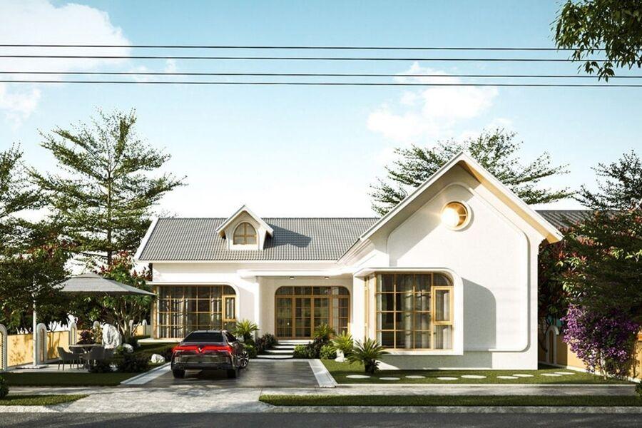 Thiết kế nhà mái Thái 1 tầng đẹp có gara ô tô hiện đại, cực kỳ ấn tượng