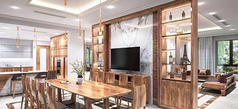 Mẫu vách ngăn phòng khách và bếp hợp phong thủy mang phong cách tối giản