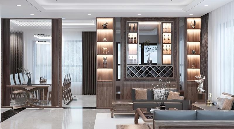 Mẫu vách ngăn phòng khách và bếp hợp phong thủy kiểu hiện đại