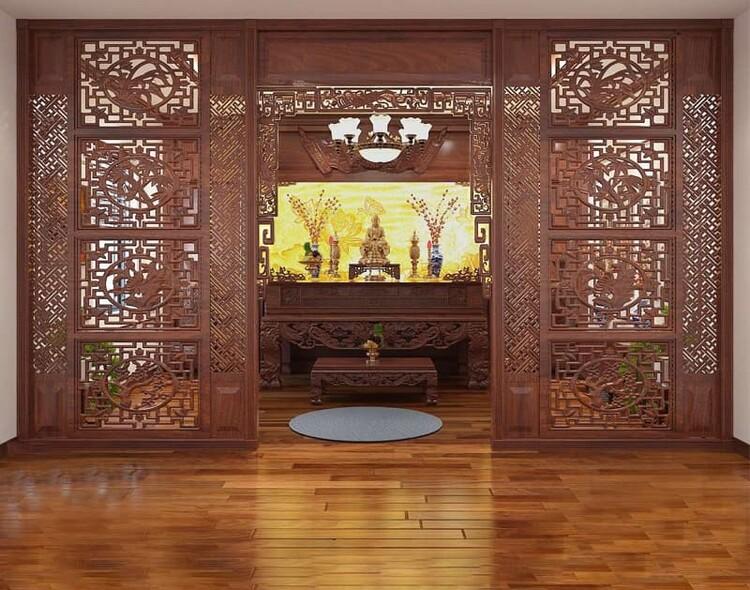 Vách ngăn phòng thờ chạm khắc tinh xảo, truyền thống 