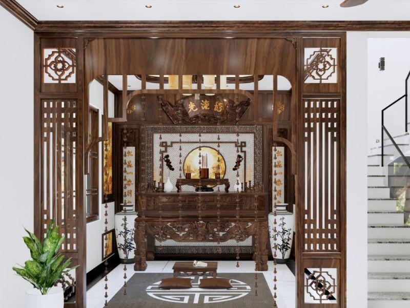 Mẫu vách ngăn phòng thờ với phòng khách sang trọng, ấm cúng