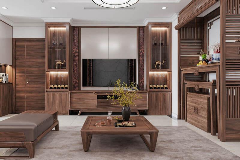 Vách ngăn phòng thờ với phòng khách tạo nên vẻ đẹp hài hòa và độc đáo cho ngôi nhà