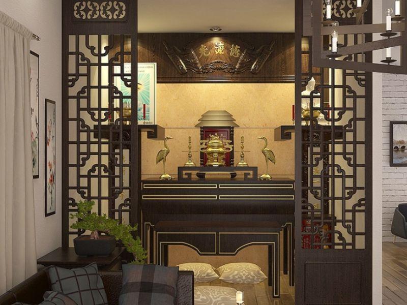 Mẫu vách ngăn phòng thờ với phòng khách có hoa văn tinh tế