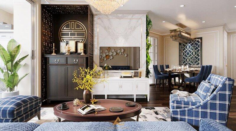 Mẫu vách ngăn phòng thờ với phòng khách sang trọng, ấm cúng và đẳng cấp