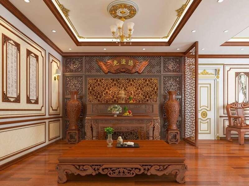 Mẫu vách ngăn phòng thờ với phòng khách phong cách cổ điển, bề thế