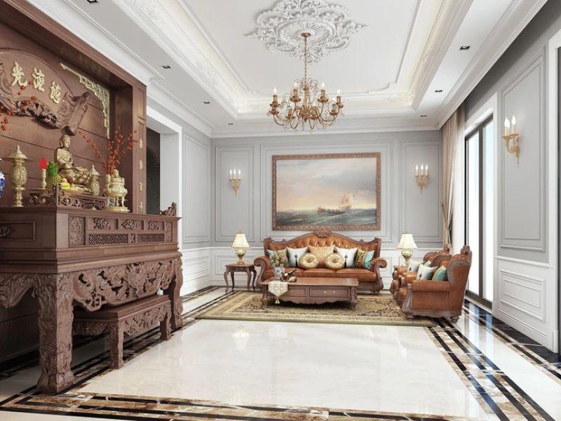 Mẫu vách ngăn phòng thờ với phòng khách quý phái, trang nhã