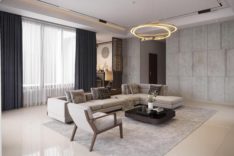 Mẫu vách ngăn phòng thờ với phòng khách tối giản, hiện đại