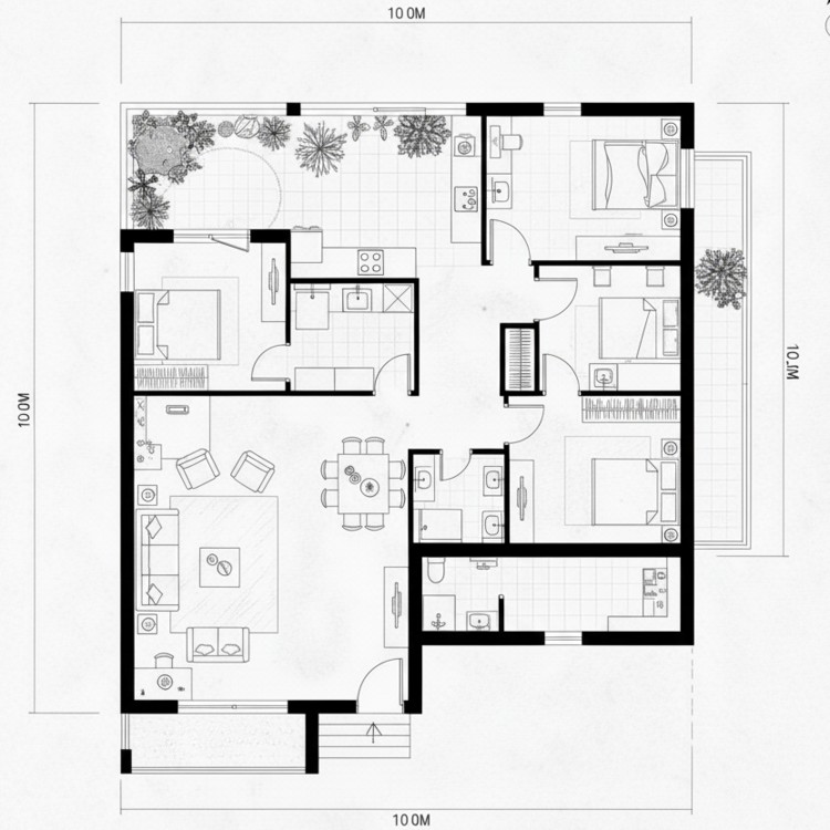 Bản vẽ thiết kế nhà cấp 4 mái bằng chữ L 100m2 với đầy đủ công năng