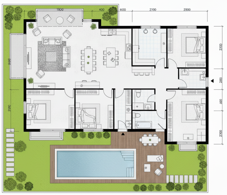 Bản vẽ thiết kế nhà cấp 4 mái bằng chữ L 4 phòng ngủ 400 triệu hiện đại, đông thành viên