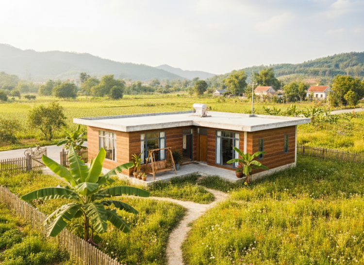 Mẫu nhà cấp 4 chữ L 1 tầng mái bằng đẹp, thoáng mát ở nông thôn