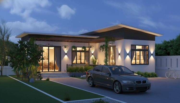 Mẫu nhà cấp 4 mái bằng chữ L 1 tầng rộng rãi, thoáng mát