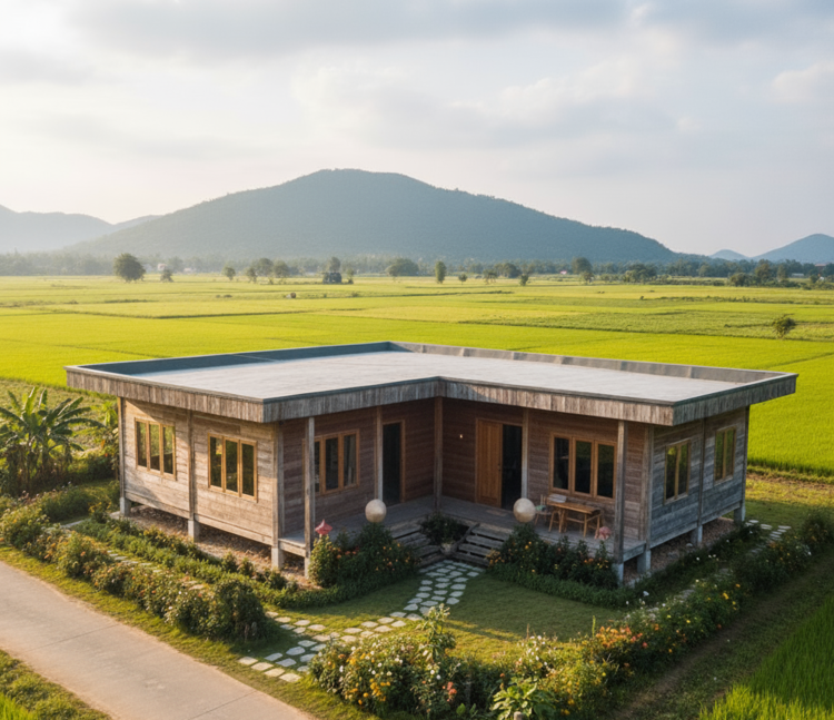 Mẫu nhà cấp 4 mái bằng chữ L bằng gỗ ở nông thôn đơn giản, thoáng mát
