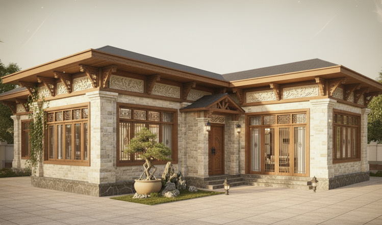 Mẫu nhà cấp 4 mái bằng chữ L tân cổ điển được nhiều người ưa chuộng