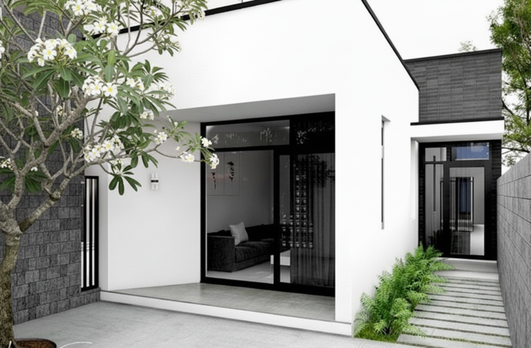 Mẫu nhà cấp 4 2 phòng ngủ mái bằng chữ L tối giản, đẹp mắt