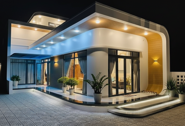 Nhà cấp 4 mái bằng chữ L có gác lửng rộng rãi