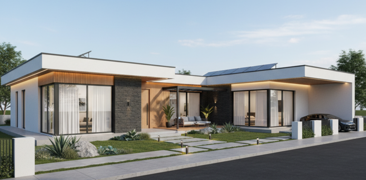 Nhà cấp 4 mái bằng chữ L sang trọng, tiện nghi