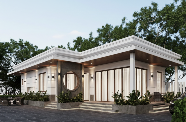 Nhà cấp 4 mái bằng chữ L là kiểu nhà một tầng thiết kế theo hình chữ L , tạo nên vẻ đẹp hiện đại, vững chắc