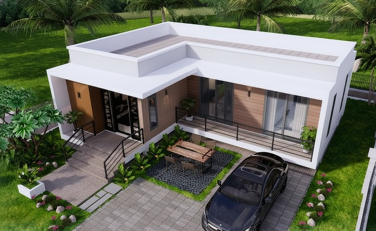 Mẫu nhà cấp 4 mái bằng chữ L hiện đại, phù hợp mọi gia đình