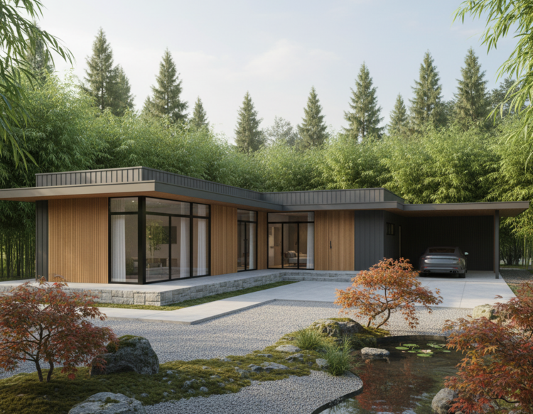 Mẫu nhà cấp 4 mái bằng chữ L hiện đại, tối giản với tấm ốp tường trang trí DURAflex