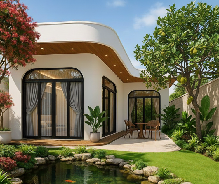 Mẫu nhà cấp 4 mái bằng chữ L hiện đại, thoáng mát