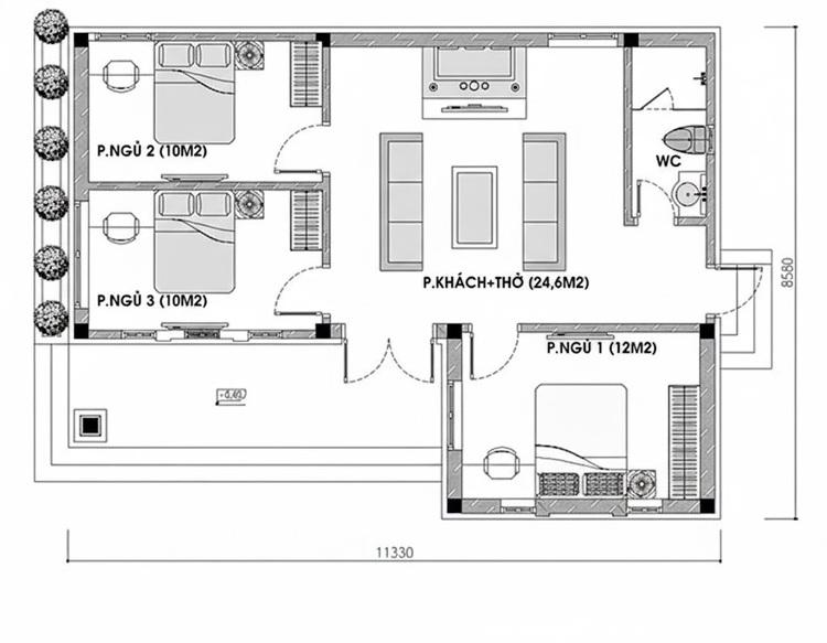 Bản vẽ nhà cấp 4 3 phòng ngủ 100m2 mái bằng chữ L chi tiết