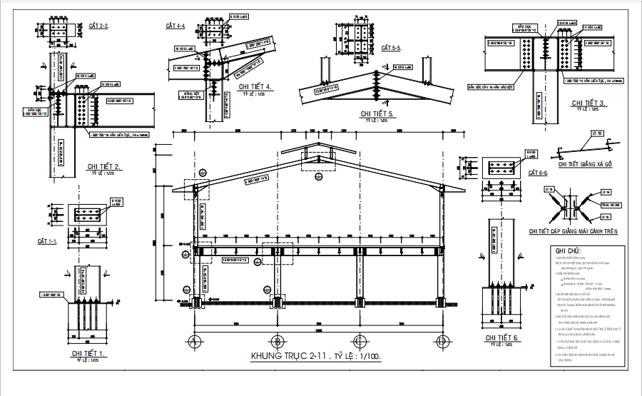 Bản vẽ thiết kế nhà kết cấu thép 2 thể hiện chi tiết khung thép, mặt bằng và kết cấu chịu lực