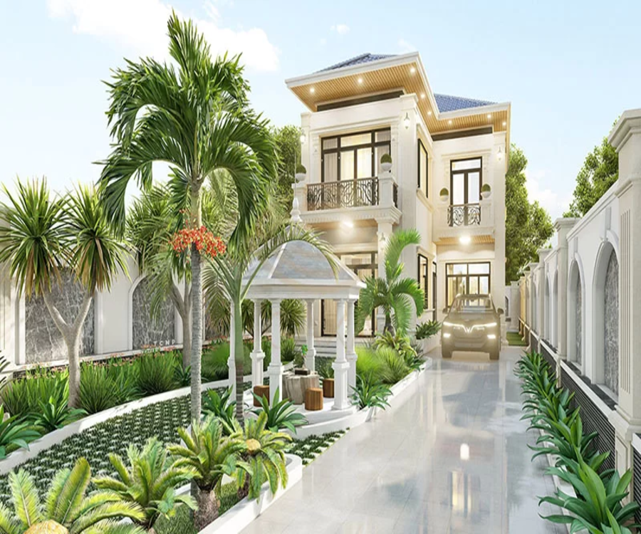 Ngoại thất biệt thự tân cổ điển 2 tầng hài hòa với sân vườn và ánh sáng tự nhiên