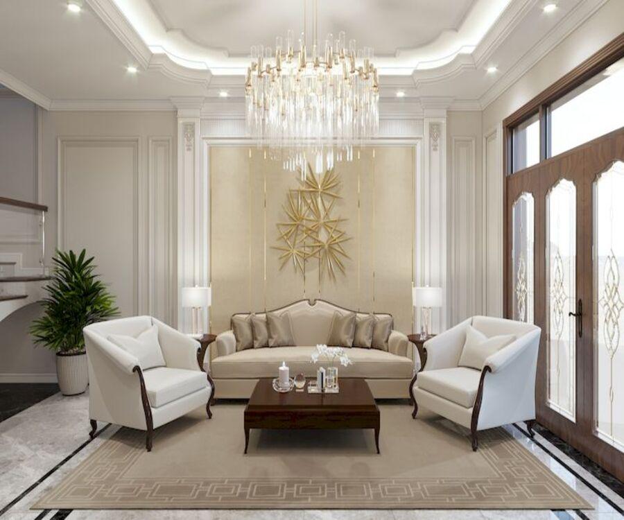 Trang trí nội thất biệt thự tân cổ điển 2 tầng 1 tỷ với trần giật cấp và phào chỉ đầy tinh tế