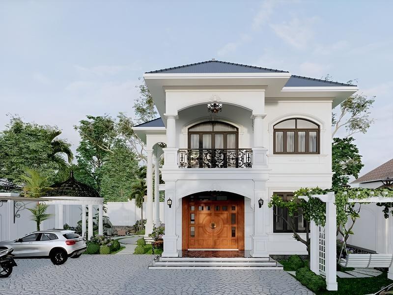 Mẫu nhà chữ L kiểu biệt thự tân cổ điển 2 tầng 1 tỷ ở nông thôn có thiết kế mái Nhật hiện đại