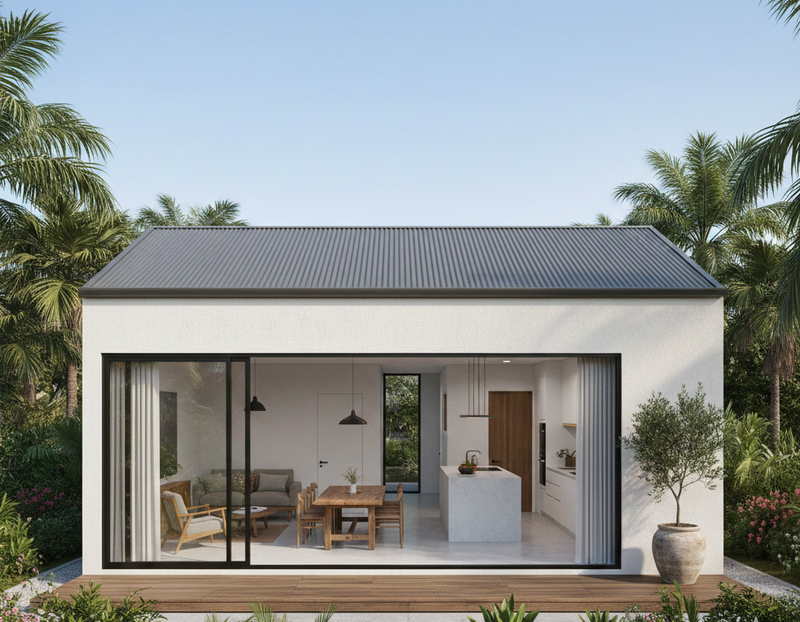 Mẫu nhà cấp 4 mái tôn 5x20 không gian mở giúp lưu thông không khí và tối ưu ánh sáng