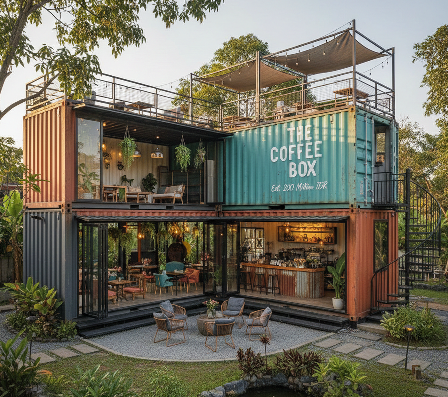 Nhà container 2 tầng được ứng dụng làm quán cafe đẹp mắt