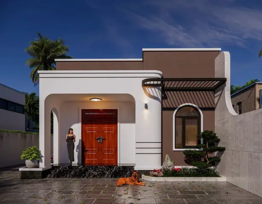 Mẫu mặt tiền nhà cấp 4 mái bằng đẹp hiện đại với thiết kế các hình khối rõ ràng