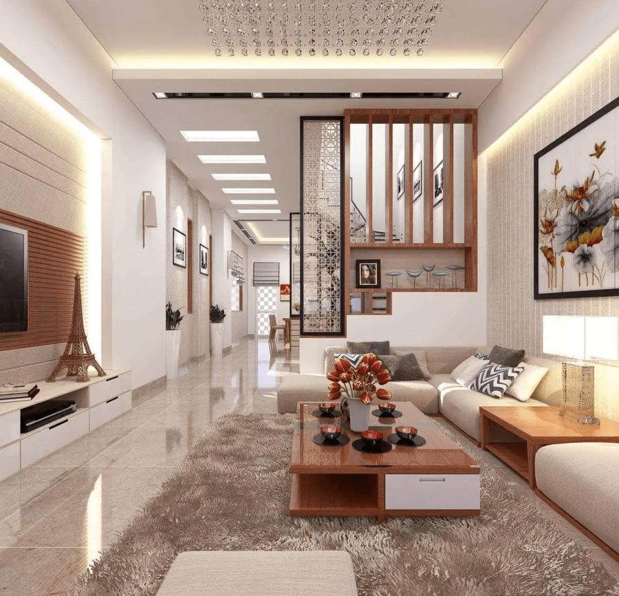 Mẫu trang trí phòng khách nhà ống 2 tầng đơn giản mà sang trọng 