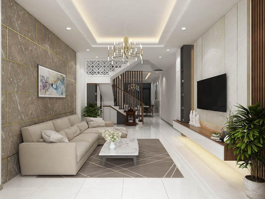 Mẫu trang trí phòng khách nhà ống 3 tầng đẹp, hiện đại, mới nhất 2026