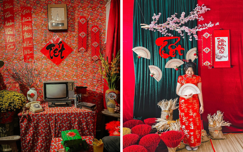 Mẫu trang trí Tết cổ truyền cho quán cà phê hiện đại cùng thiết kế sảnh sự kiện đỏ