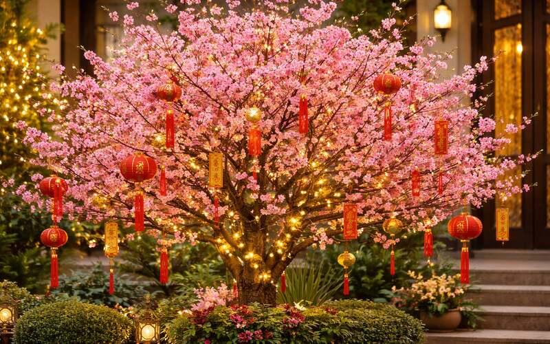 Mẫu trang trí Tết cổ truyền xuân 2026 với hoa đào