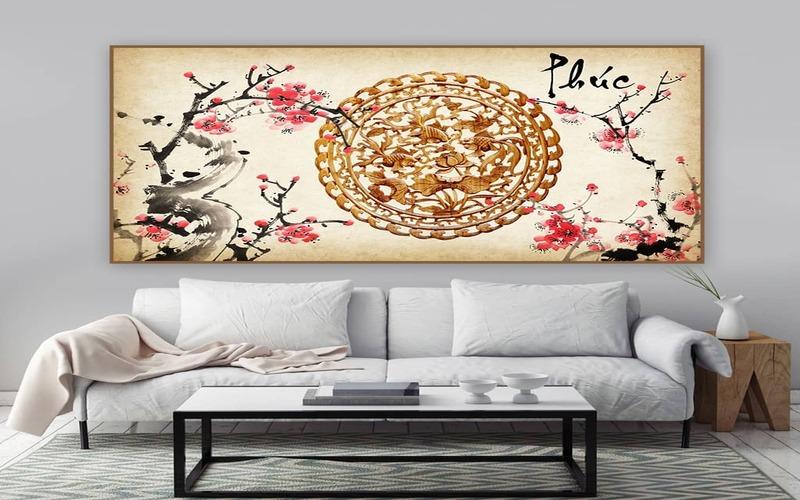 Trang trí Tết cổ truyền Việt Nam với tranh treo tường trong phòng khách
