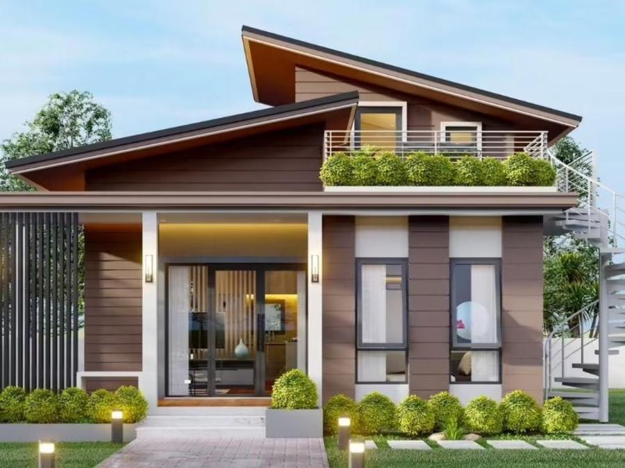 Hình khối kiến trúc mái lệch độc đáo giúp mặt tiền nhà cấp 4 đẹp hiện đại thêm nổi bật 