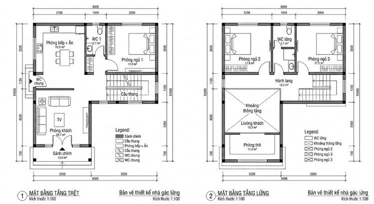 Bản vẽ công năng nhà gác lửng 3 phòng chữ L gồm tầng trệt và tầng lửng đầy đủ tiện nghi