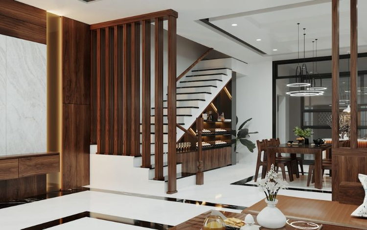 Mẫu vách ngăn cầu thang đẹp, hiện đại bằng gỗ tự nhiên cao cấp