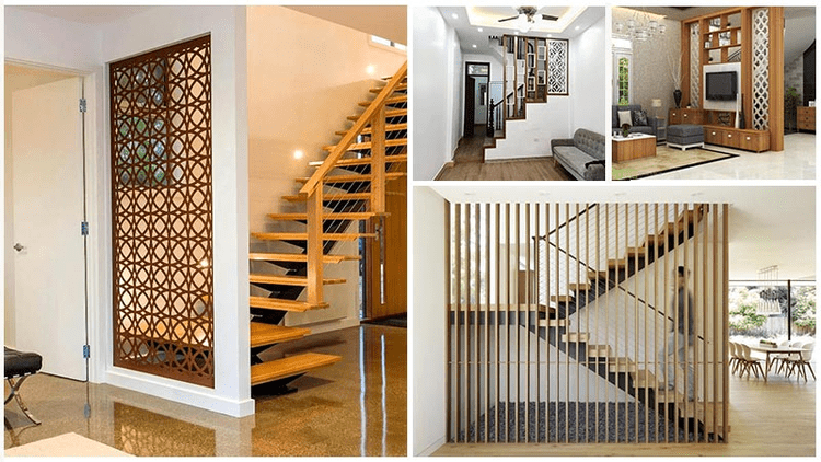 Vách ngăn cầu thang bằng nhựa giả gỗ đơn giản, bắt mắt