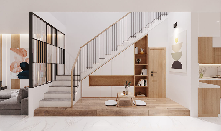 Mẫu vách ngăn cầu thang phòng khách đẹp, tinh tế