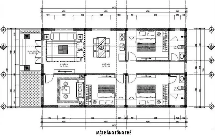 Bản vẽ nhà cấp 4 mái Nhật 3 phòng ngủ 120m2 chi tiết, đầy đủ công năng